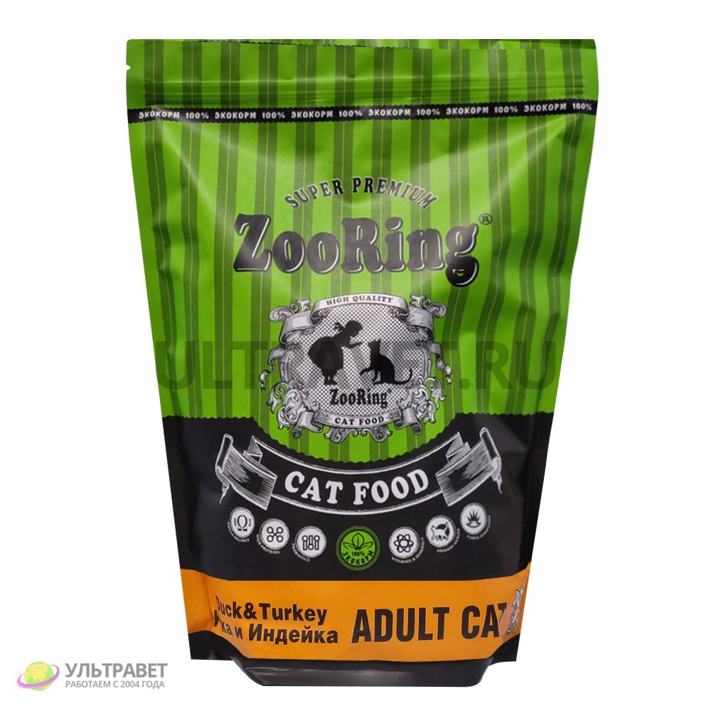 Корм для кошек сухой ZooRing ADULT CAT Утка и Индейка, 1,5 кг