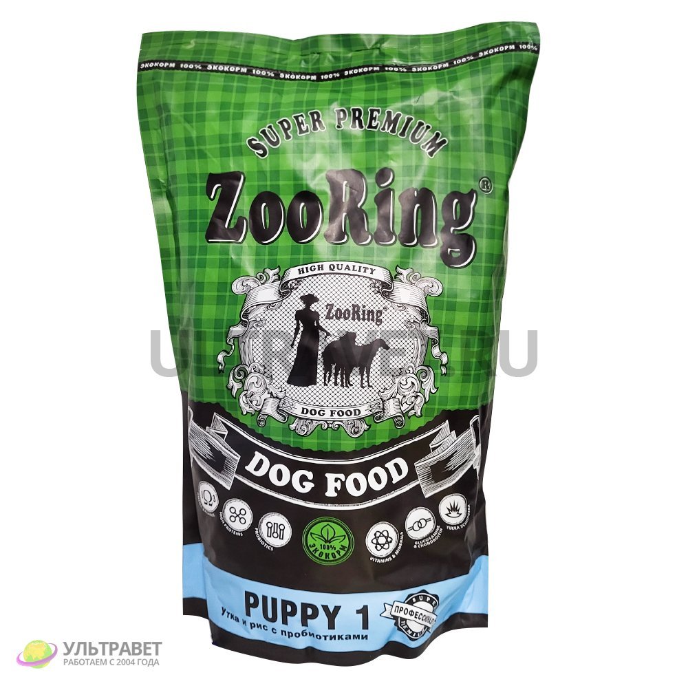 Корм для собак сухой ZooRing Puppy 1 Утка и рис с пробиотиками, 2 кг